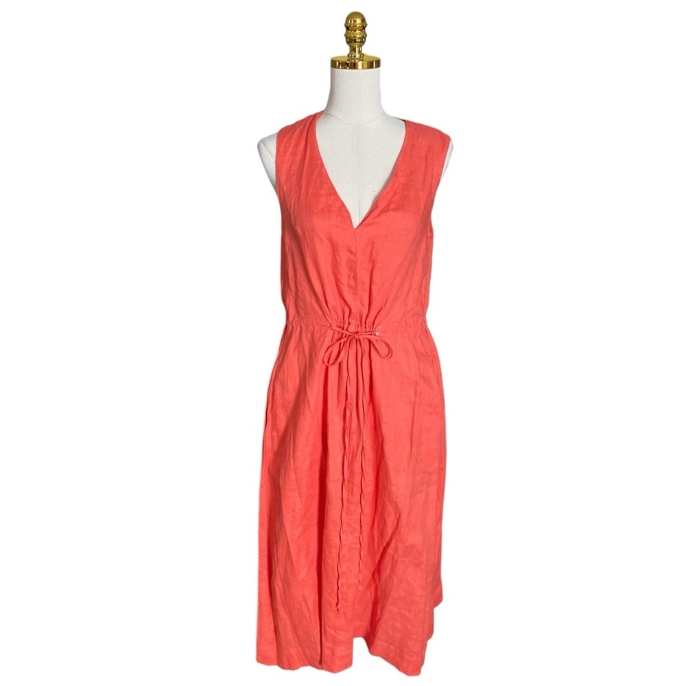 Magaschoni Women’s Orange Sleeveless 100% Linen V-neck Resort Sundress Sz Small